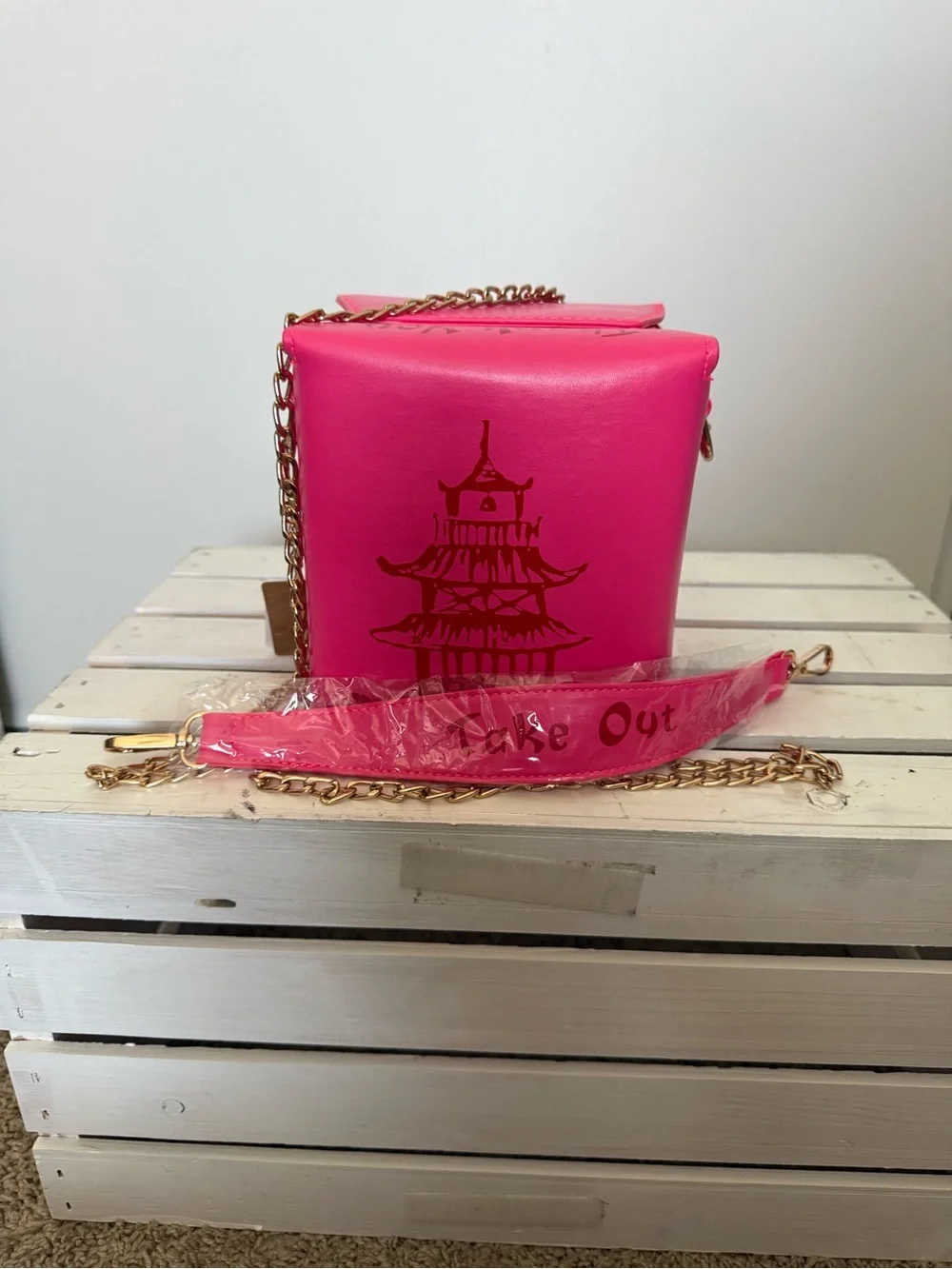 Bright Pink Pagoda-Print Crossbody with Gold Chain